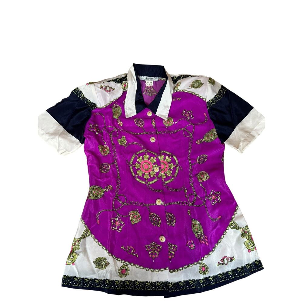 Classics Women's Vintage 80s Satin Career Blouse Chains Scarf Size Large